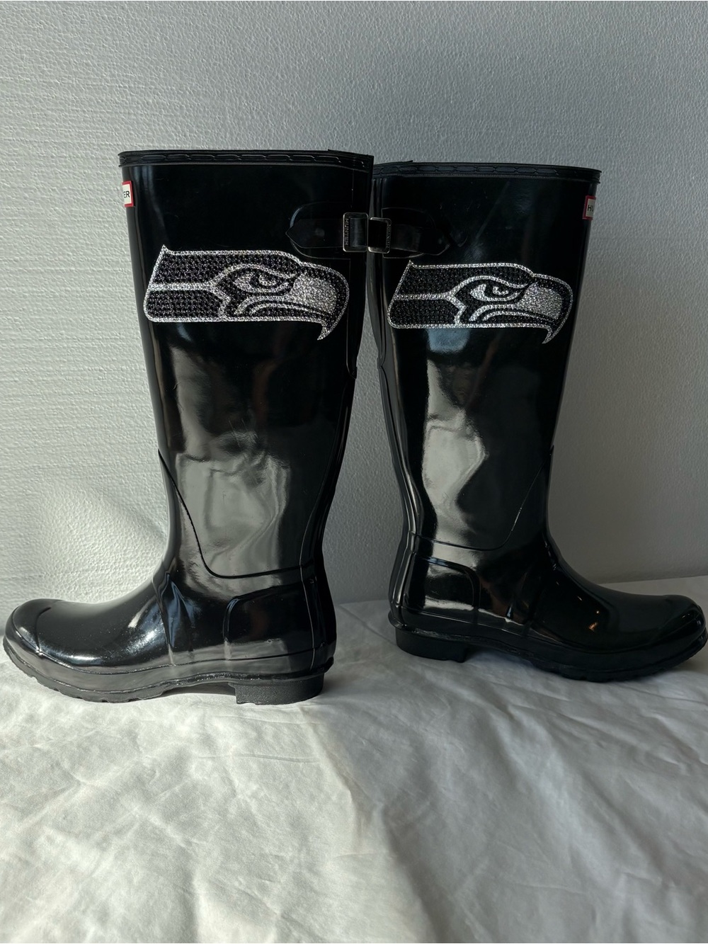 Seahawks Womens Hunter Tall Glossy Black Rainboots, size 10